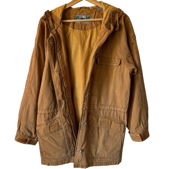 Vtg EMS Canvas Chore Barn Coat Sm Hooded Pockets Thick Lined Internal drawstring - Picture 3 of 16